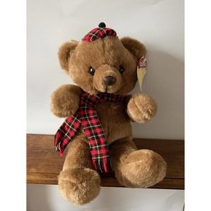 Vintage Dan Dee Brown Plush Scottish Teddy Bear Toy 14" Plaid Scarf & Hat